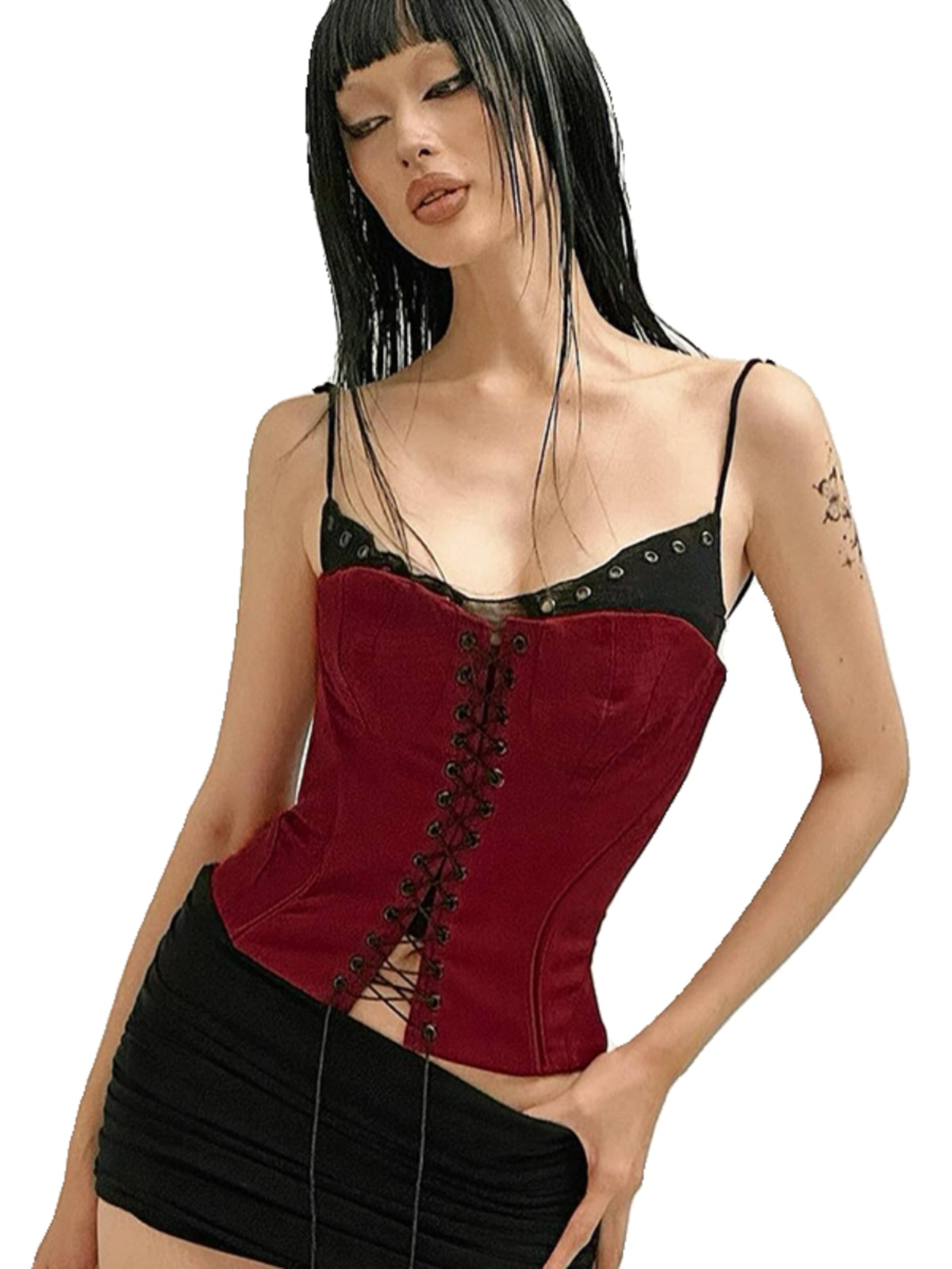 Vintage French-inspired Wine Red Faux Two-Piece Cross Strap Tank Top - Slim Fit, Versatile Spicy Girl Style for 90s and Y2K Fashion Vintage French-inspired Wine Red Faux Two-Piece Cross Strap Tank Top - Slim Fit, Versatile Spicy Girl Style for 90s and Y2K Fashion
