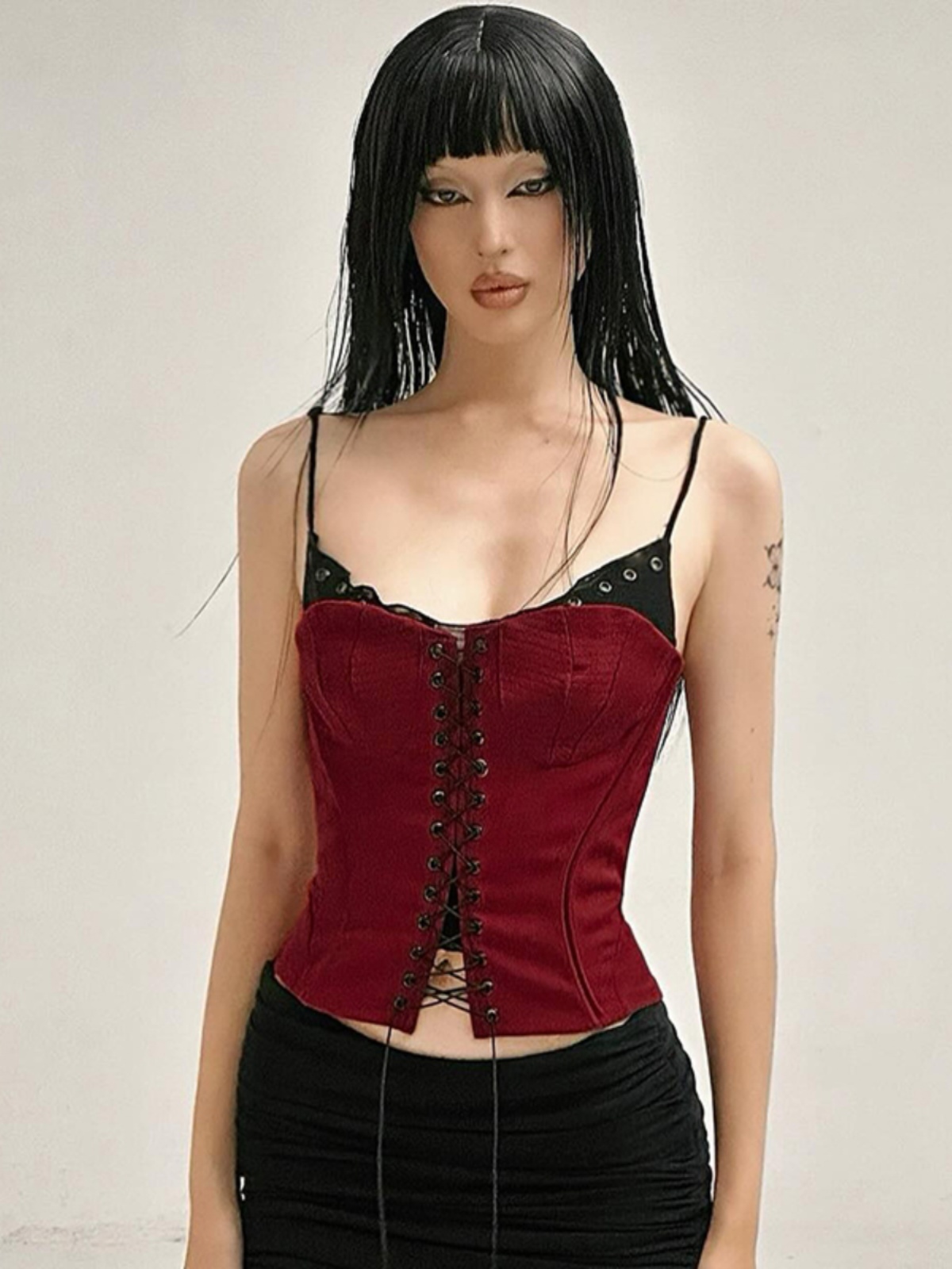 Vintage French-inspired Wine Red Faux Two-Piece Cross Strap Tank Top - Slim Fit, Versatile Spicy Girl Style for 90s and Y2K Fashion