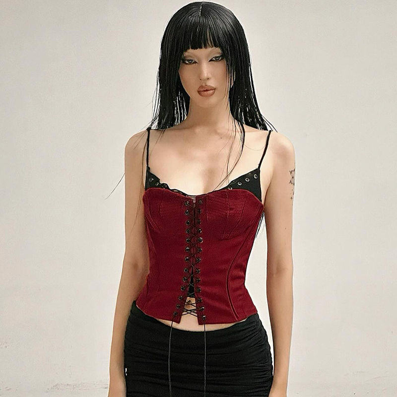 Vintage French-inspired Wine Red Faux Two-Piece Cross Strap Tank Top - Slim Fit, Versatile Spicy Girl Style for 90s and Y2K Fashion