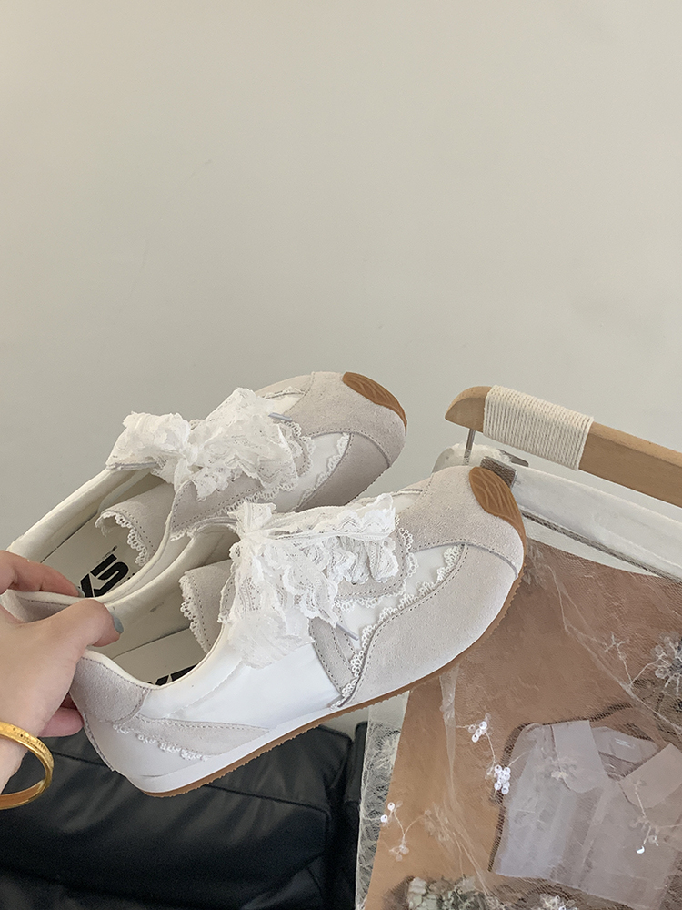 Vintage French Lace Bow Genuine Leather Training Shoes for Women - Spring Red Casual Flat Sneakers