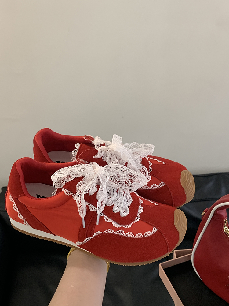 Vintage French Lace Bow Genuine Leather Training Shoes for Women - Spring Red Casual Flat Sneakers