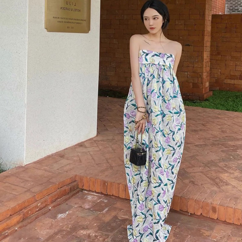 Vintage French Off-the-Shoulder Tulip Jacquard Dress with Oil Painting Print Long Skirt for Vacation, Boho Style Fashion