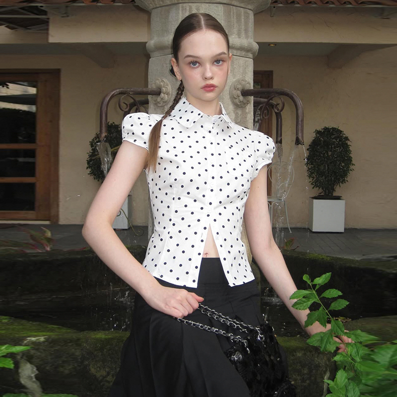 Vintage French Polka Dot Puff Sleeve Shirt - Versatile Slim-Fit Waist-Button Polo Collar Top for Chic Y2K Style