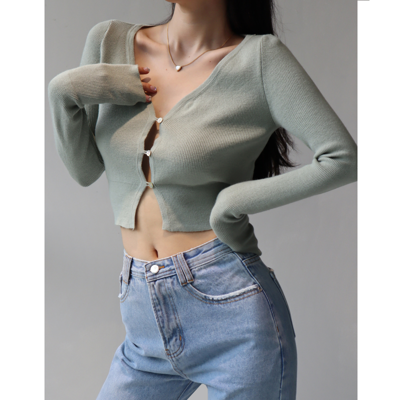 Vintage French Soft Slim High-Waisted Solid Color V-Neck Buttoned Long Sleeve Knitted Cardigan Sweater Top for Women