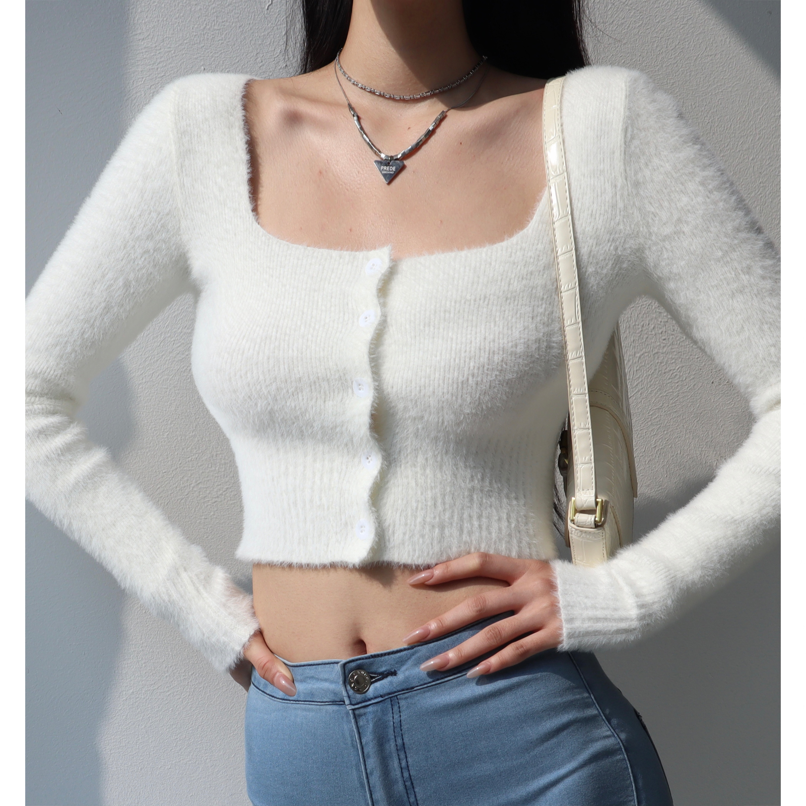 Vintage French Square Neck Buttoned Fluffy High-Waisted Long Sleeve Knitted Cardigan Top for Chic Y2K Style Vintage French Square Neck Buttoned Fluffy High-Waisted Long Sleeve Knitted Cardigan Top for Chic Y2K Style