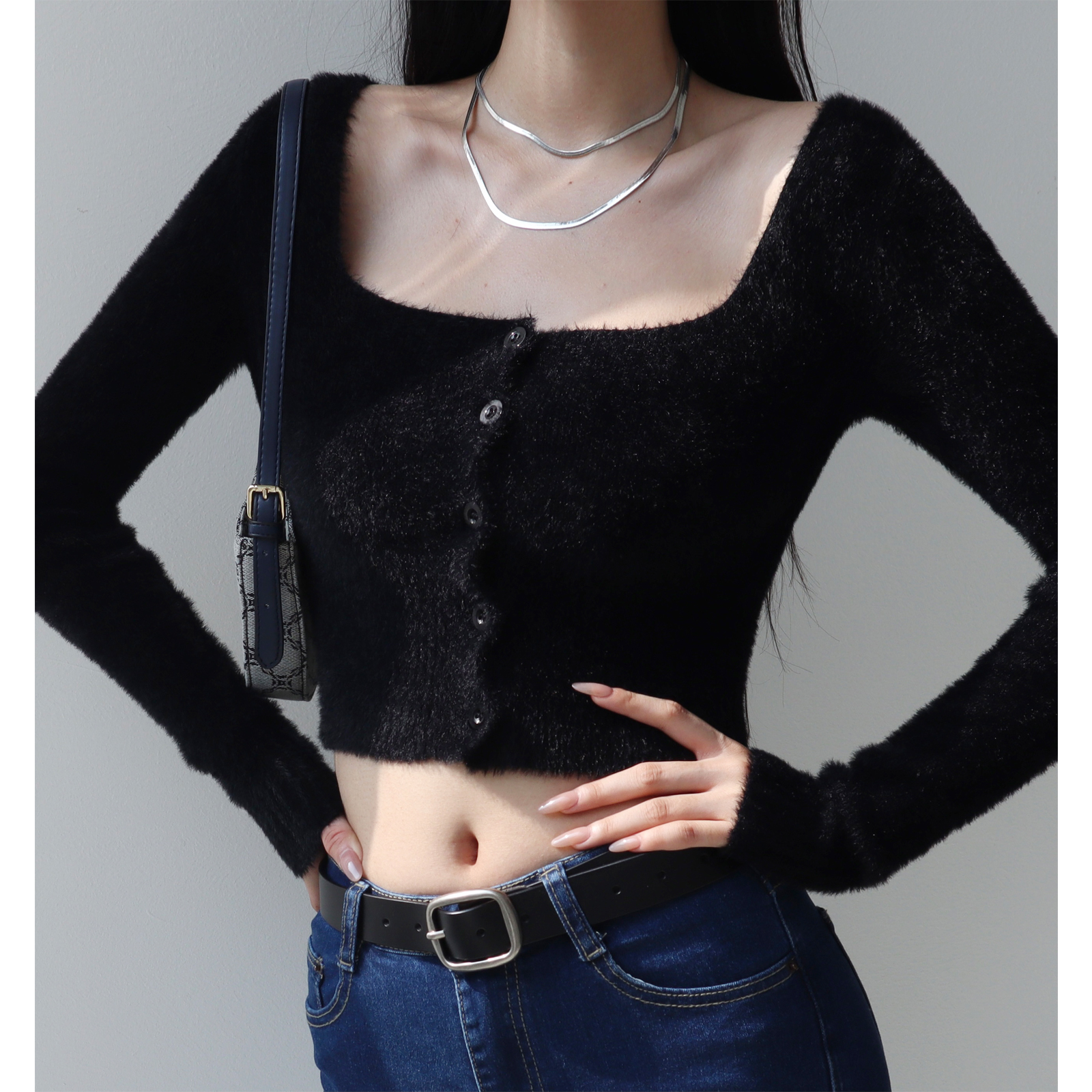 Vintage French Square Neck Buttoned Fluffy High-Waisted Long Sleeve Knitted Cardigan Top for Chic Y2K Style Vintage French Square Neck Buttoned Fluffy High-Waisted Long Sleeve Knitted Cardigan Top for Chic Y2K Style