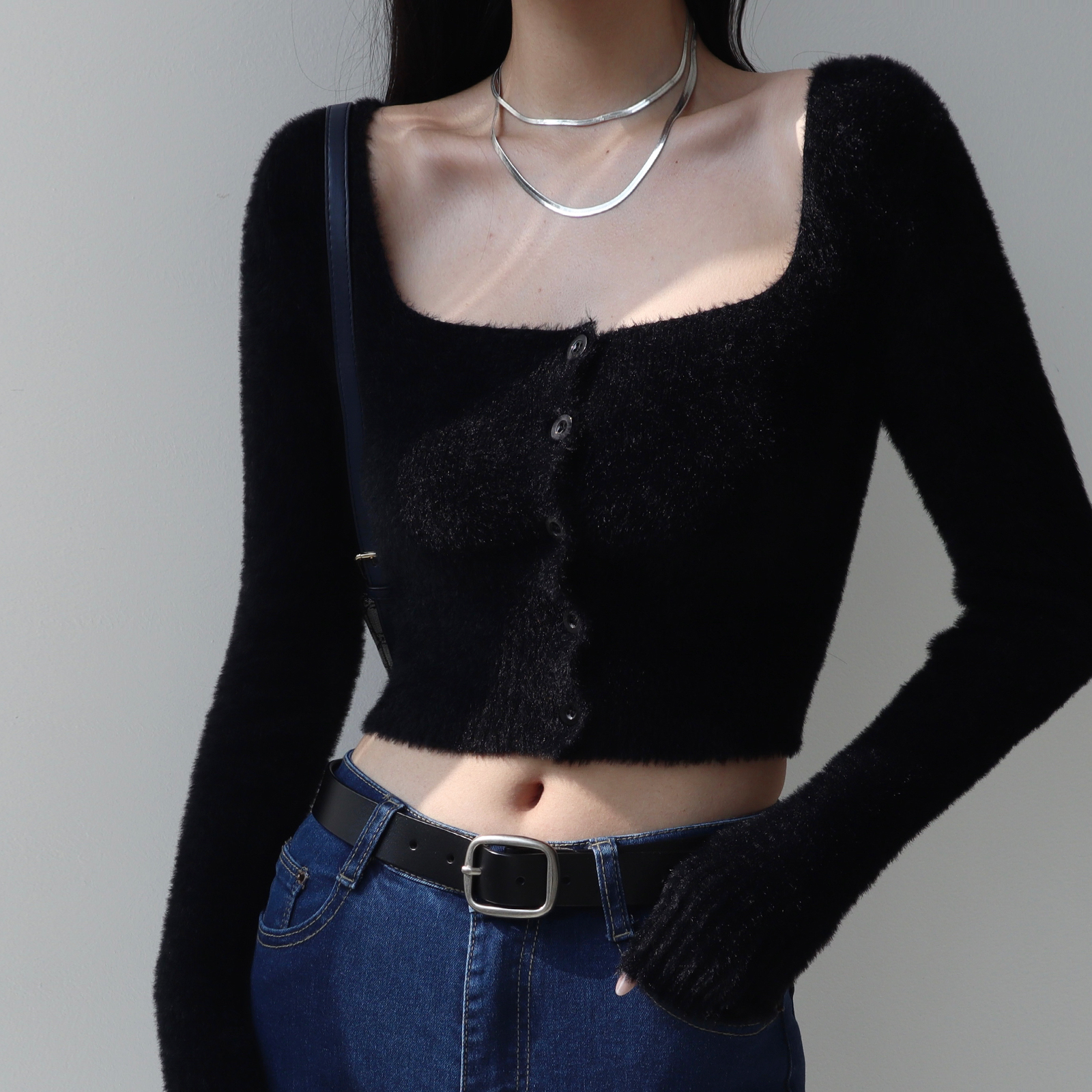 Vintage French Square Neck Buttoned Fluffy High-Waisted Long Sleeve Knitted Cardigan Top for Chic Y2K Style