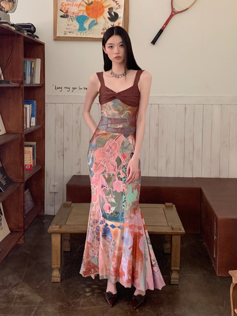 Vintage French-Style Color-Blocking Floral Fishtail Dress for Women - Summer Sexy Bodycon Spaghetti Strap Long Dress