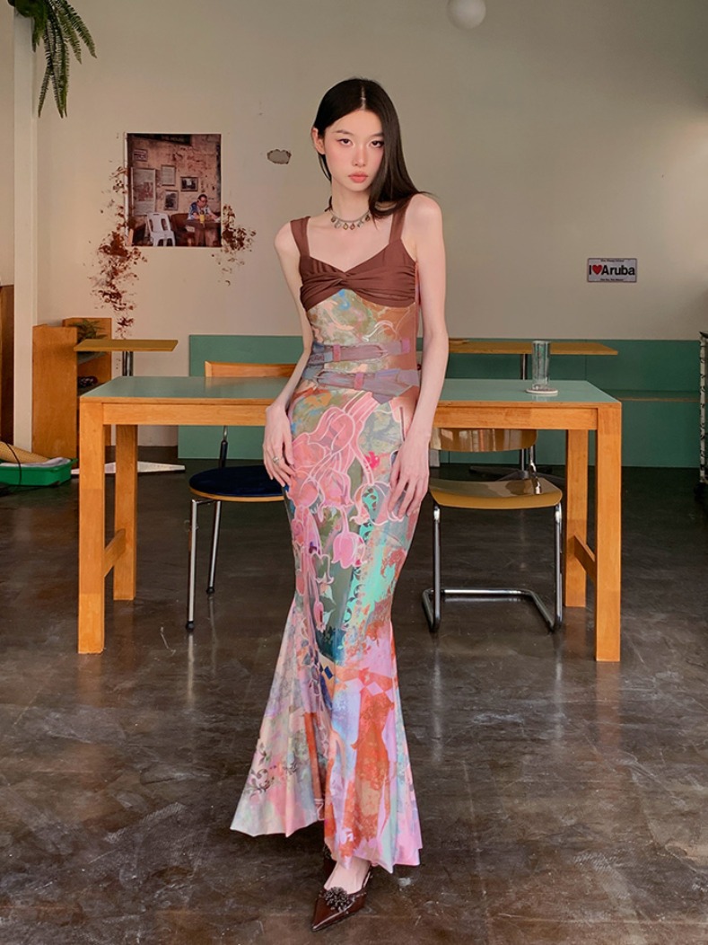 Vintage French-Style Color-Blocking Floral Fishtail Dress for Women - Summer Sexy Bodycon Spaghetti Strap Long Dress