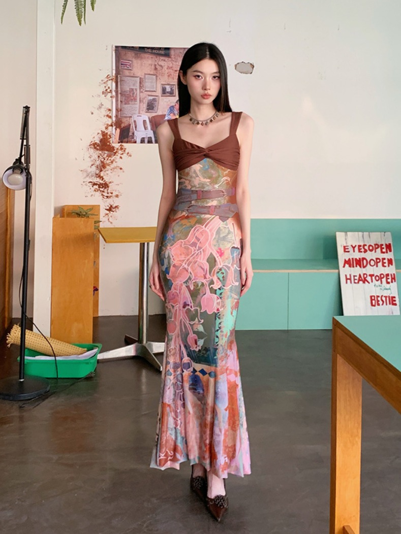 Vintage French-Style Color-Blocking Floral Fishtail Dress for Women - Summer Sexy Bodycon Spaghetti Strap Long Dress