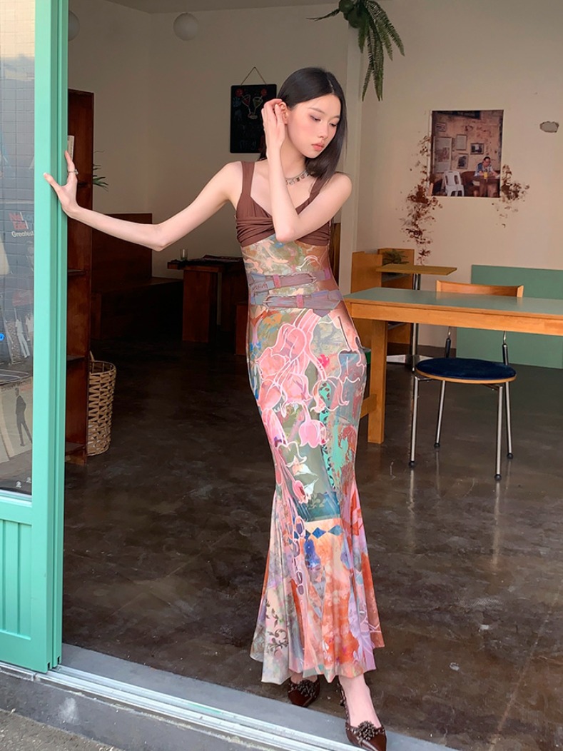 Vintage French-Style Color-Blocking Floral Fishtail Dress for Women - Summer Sexy Bodycon Spaghetti Strap Long Dress