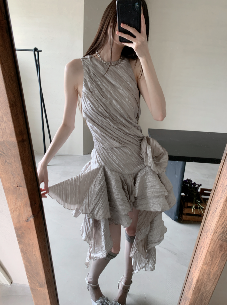 Vintage French-Style Floral Textured Ruffled Hem Dress - Handmade Three-Dimensional Pleated Design for Women