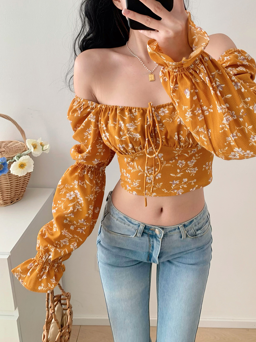 Vintage French Yellow Floral Long Sleeve Shirt for Women - Loose Square Neck Slim Fit Top - Perfect for 90s & Y2K Style Vintage French Yellow Floral Long Sleeve Shirt for Women - Loose Square Neck Slim Fit Top - Perfect for 90s & Y2K Style
