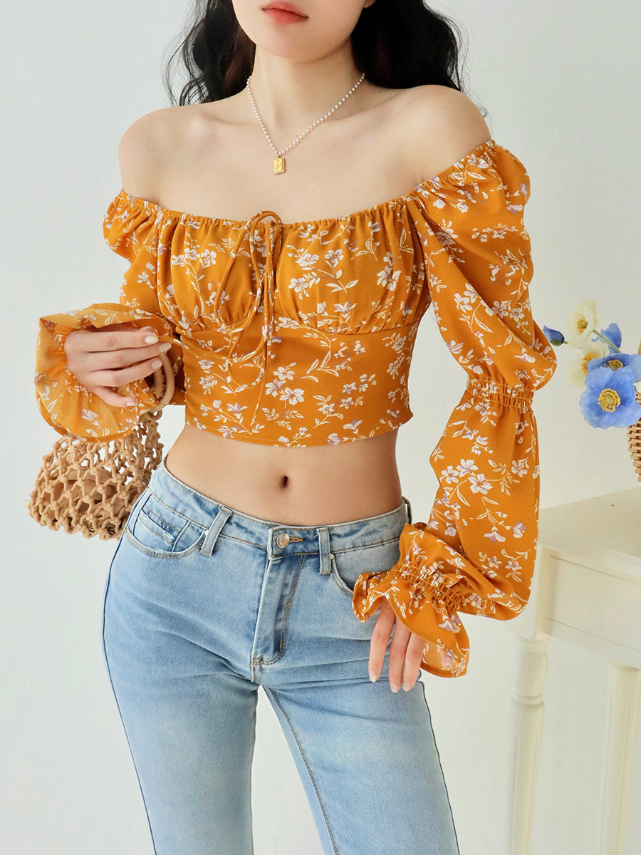 Vintage French Yellow Floral Long Sleeve Shirt for Women - Loose Square Neck Slim Fit Top - Perfect for 90s & Y2K Style Vintage French Yellow Floral Long Sleeve Shirt for Women - Loose Square Neck Slim Fit Top - Perfect for 90s & Y2K Style