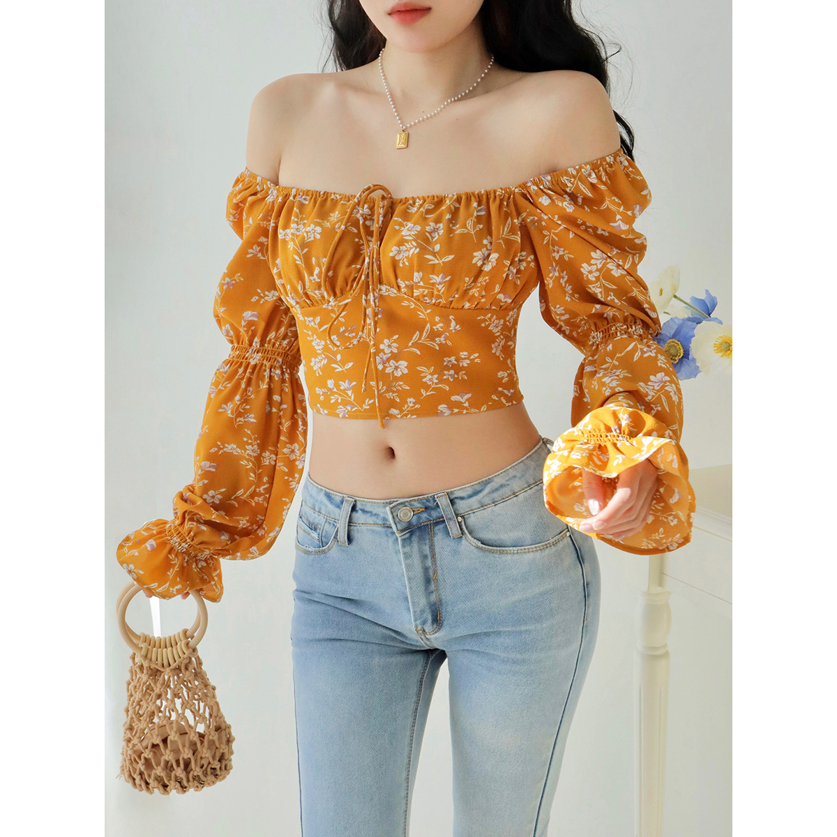 Vintage French Yellow Floral Long Sleeve Shirt for Women - Loose Square Neck Slim Fit Top - Perfect for 90s & Y2K Style