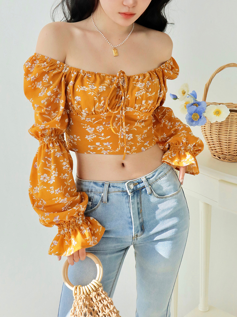 Vintage French Yellow Floral Long Sleeve Shirt for Women - Loose Square Neck Slim Fit Top - Perfect for 90s & Y2K Style Vintage French Yellow Floral Long Sleeve Shirt for Women - Loose Square Neck Slim Fit Top - Perfect for 90s & Y2K Style