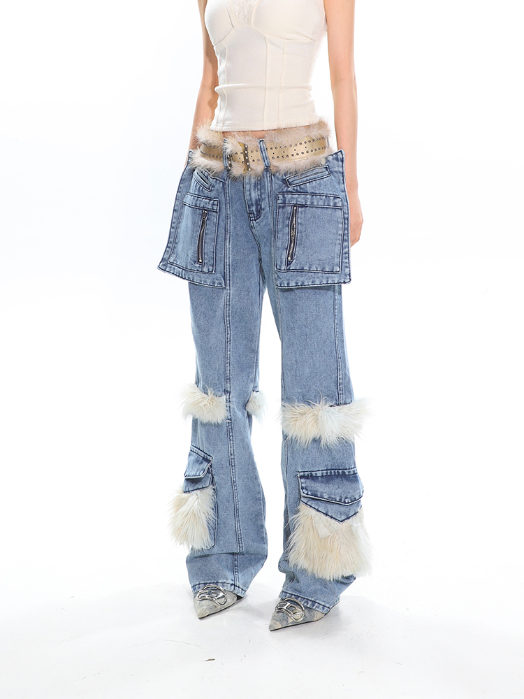 Vintage Fur Patchwork Denim Pants for Women - Autumn Winter Hot Girl Pocket Cargo Straight Leg Trousers Vintage Fur Patchwork Denim Pants for Women - Autumn Winter Hot Girl Pocket Cargo Straight Leg Trousers