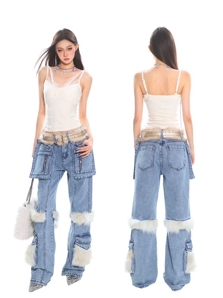 Vintage Fur Patchwork Denim Pants for Women - Autumn Winter Hot Girl Pocket Cargo Straight Leg Trousers