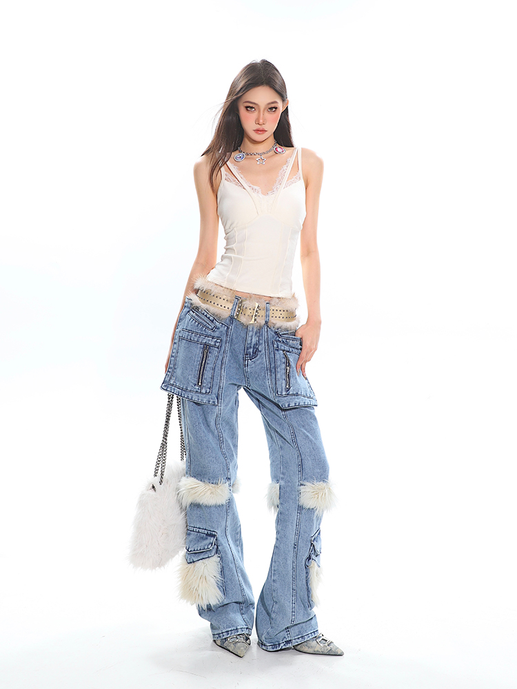 Vintage Fur Patchwork Denim Pants for Women - Autumn Winter Hot Girl Pocket Cargo Straight Leg Trousers Vintage Fur Patchwork Denim Pants for Women - Autumn Winter Hot Girl Pocket Cargo Straight Leg Trousers