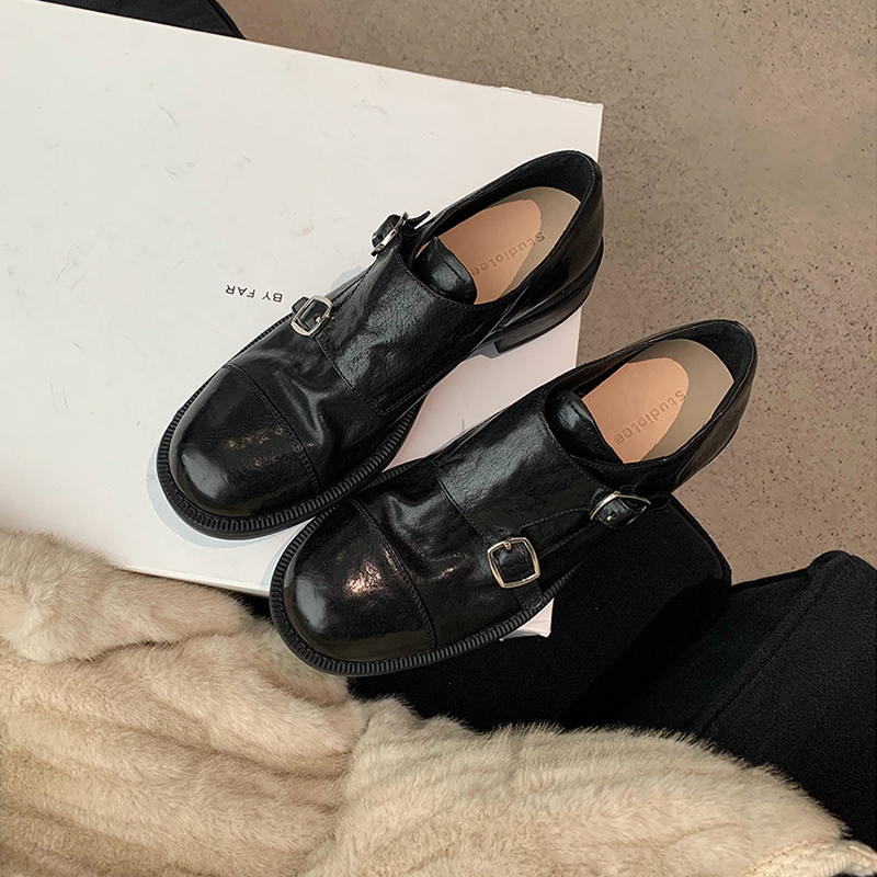 Vintage Genuine Leather Double Buckle Chunky Heel Women's Loafers - British Style Carved Monk Shoes for Spring and Autumn