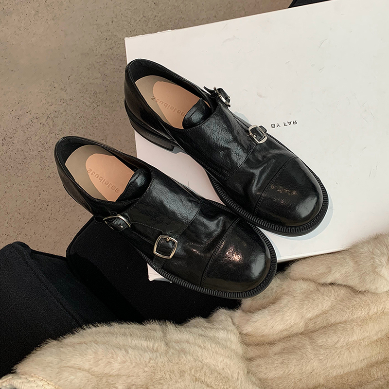 Vintage Genuine Leather Double Buckle Chunky Heel Women's Loafers - British Style Carved Monk Shoes for Spring and Autumn