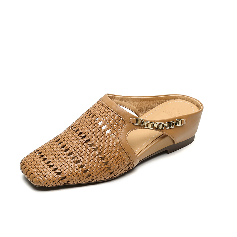 Vintage Gold Buckle Lambskin Woven Hollow-Out Toe Half-Drag Mules for Women - Height-Increasing, Stylish Vintage Footwear