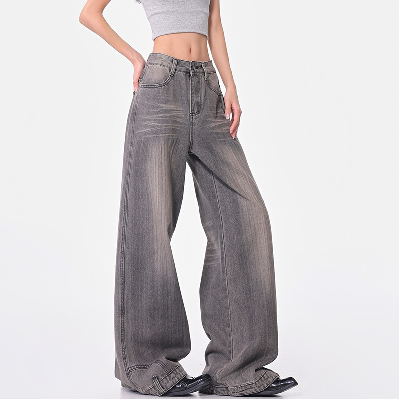 Vintage Gray Washed Wide-Leg Jeans for Women, Loose Fit, Slimming Floor-Length Pants, 90s Style, Spring Fashion