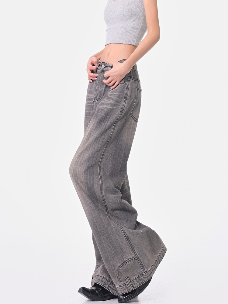 Vintage Gray Washed Wide-Leg Jeans for Women, Loose Fit, Slimming Floor-Length Pants, 90s Style, Spring Fashion