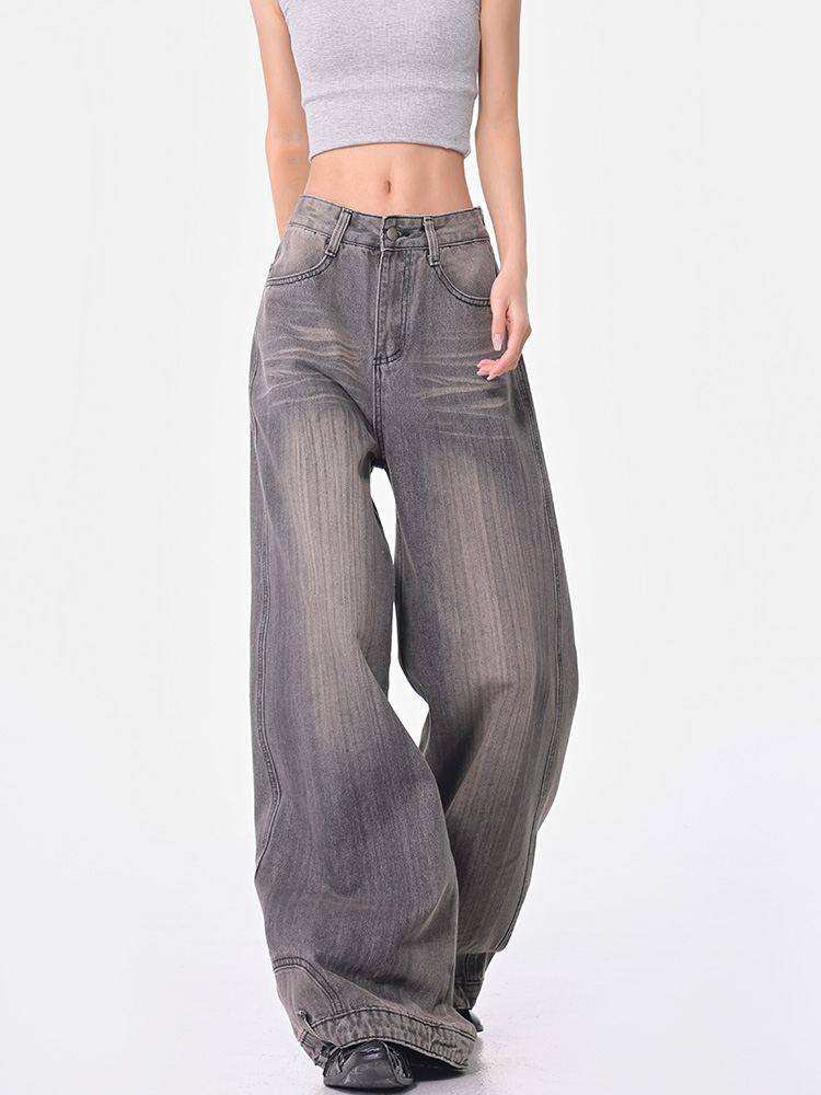 Vintage Gray Washed Wide-Leg Jeans for Women, Loose Fit, Slimming Floor-Length Pants, 90s Style, Spring Fashion Vintage Gray Washed Wide-Leg Jeans for Women, Loose Fit, Slimming Floor-Length Pants, 90s Style, Spring Fashion