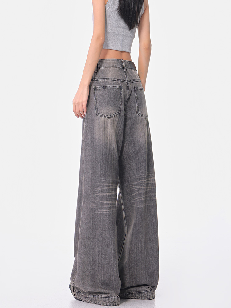 Vintage Gray Washed Wide-Leg Jeans for Women, Loose Fit, Slimming Floor-Length Pants, 90s Style, Spring Fashion Vintage Gray Washed Wide-Leg Jeans for Women, Loose Fit, Slimming Floor-Length Pants, 90s Style, Spring Fashion