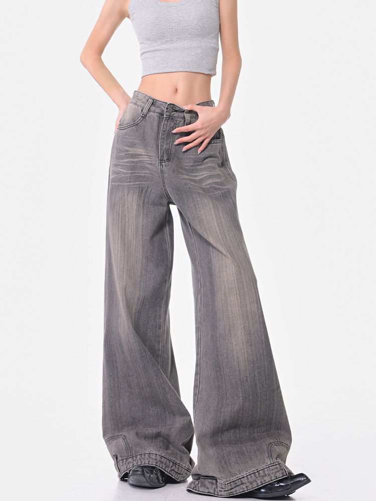 Vintage Gray Washed Wide-Leg Jeans for Women, Loose Fit, Slimming Floor-Length Pants, 90s Style, Spring Fashion Vintage Gray Washed Wide-Leg Jeans for Women, Loose Fit, Slimming Floor-Length Pants, 90s Style, Spring Fashion