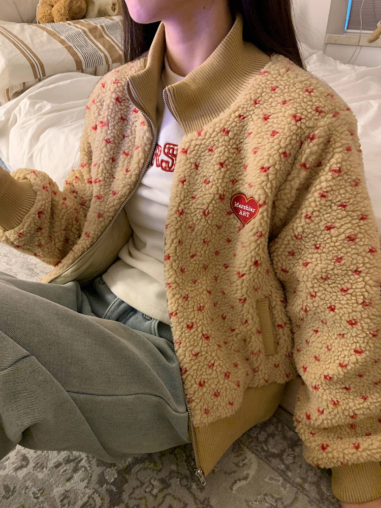 Vintage Heart Lamb Wool Warm Cotton Jacket for Women - Thickened Stand Collar Loose Short Coat - Autumn Winter 2025 Fashion