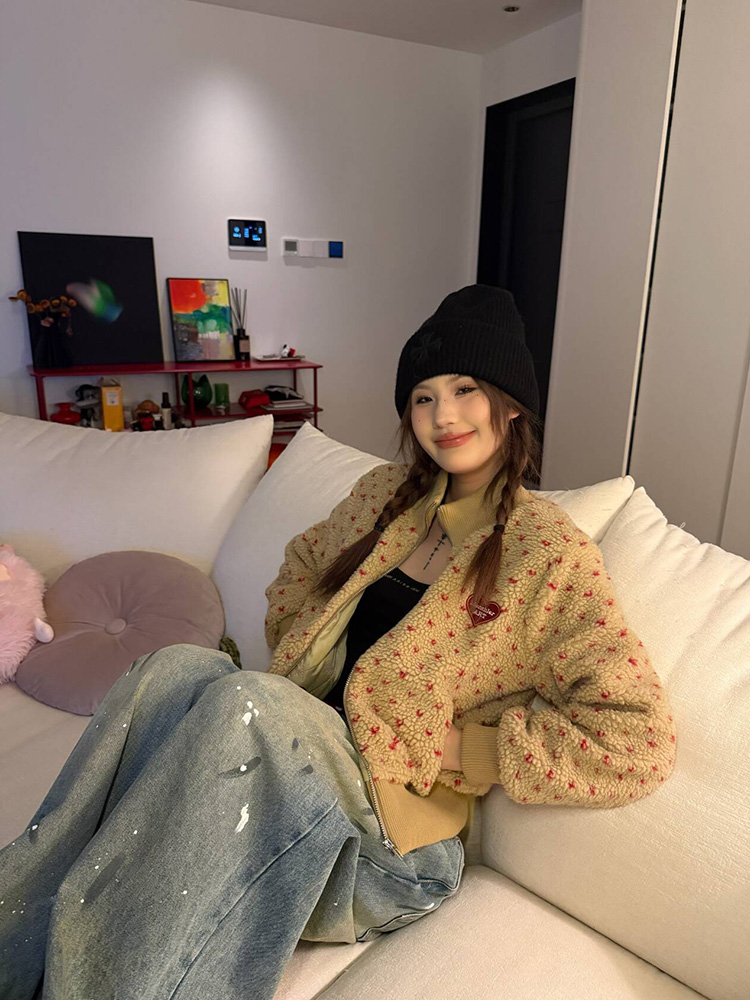 Vintage Heart Lamb Wool Warm Cotton Jacket for Women - Thickened Stand Collar Loose Short Coat - Autumn Winter 2025 Fashion