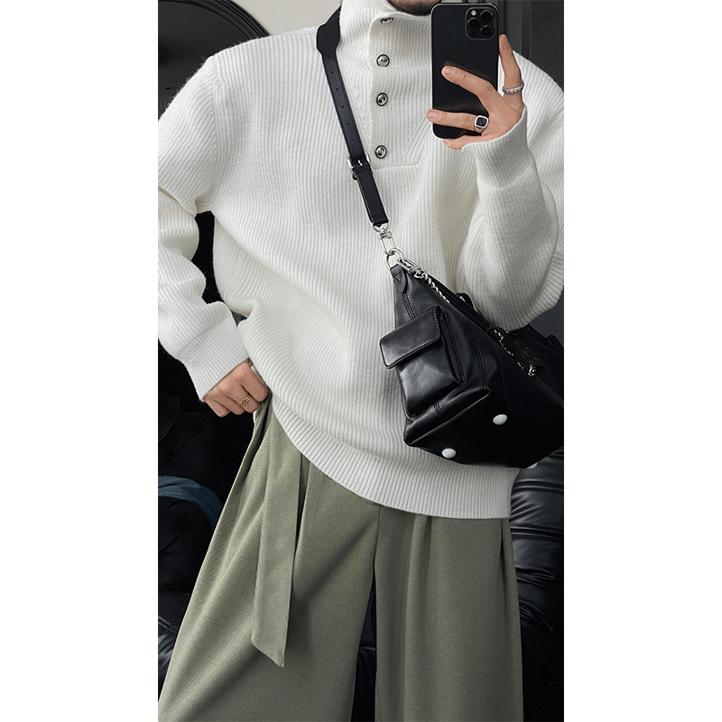 Vintage High Neck Knitted Sweater for Men - 2025 Autumn/Winter Lazy Style Solid Color Top, Versatile Fashion Essential