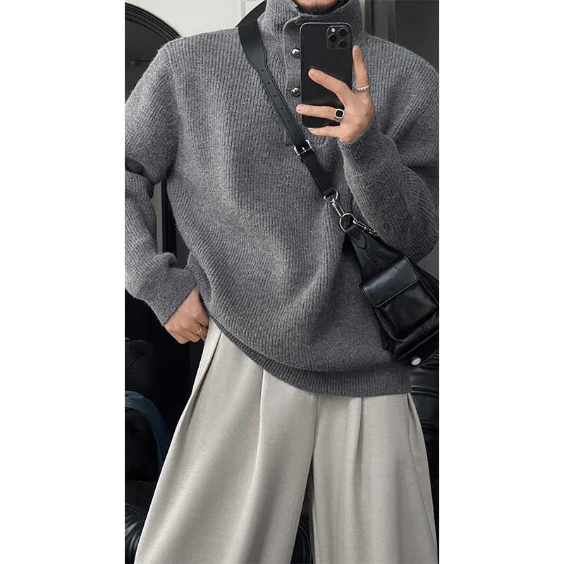 Vintage High Neck Knitted Sweater for Men - 2025 Autumn/Winter Lazy Style Solid Color Top, Versatile Fashion Essential Vintage High Neck Knitted Sweater for Men - 2025 Autumn/Winter Lazy Style Solid Color Top, Versatile Fashion Essential