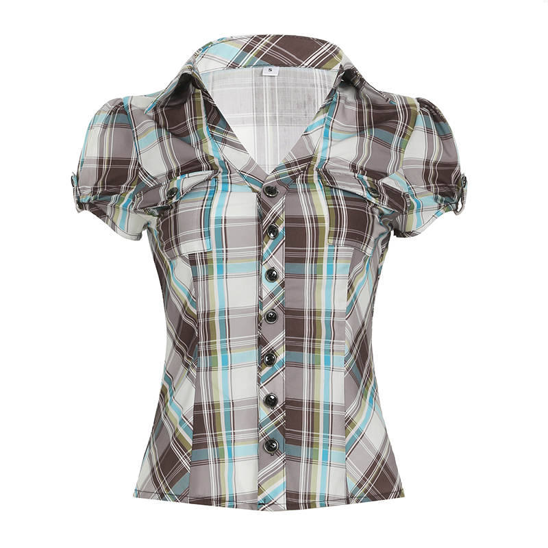 Vintage Industrial Plaid Button-Up Shirt for Women - Slim Fit Y2K Lapel Pocket Top for Summer