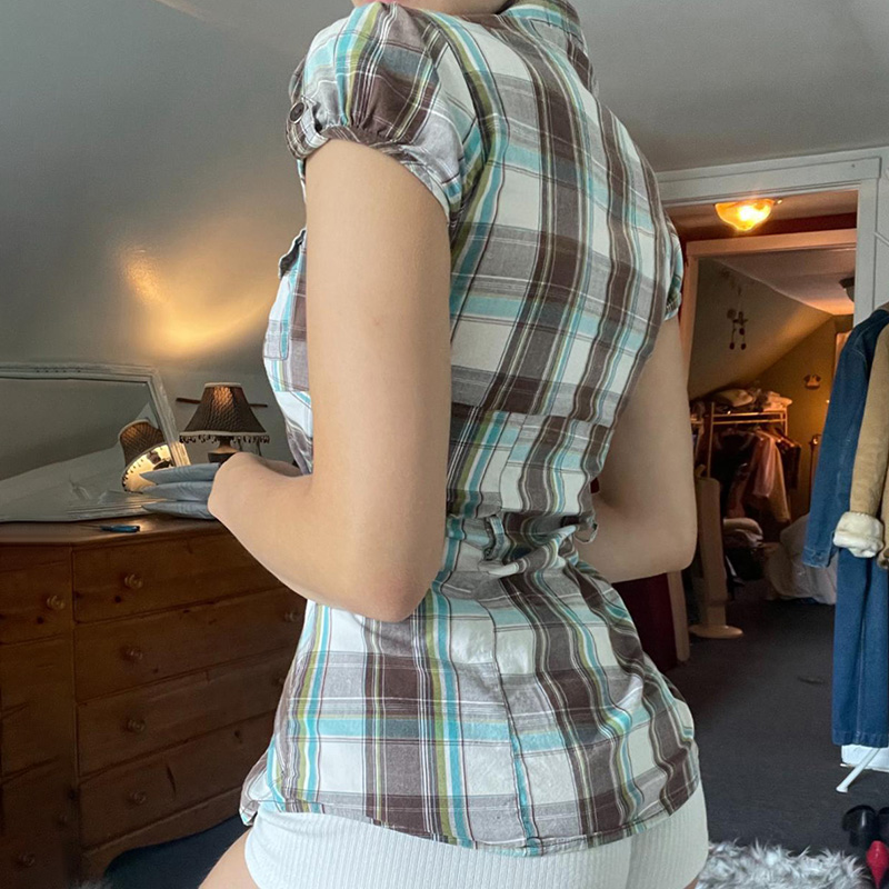Vintage Industrial Plaid Button-Up Shirt for Women - Slim Fit Y2K Lapel Pocket Top for Summer Vintage Industrial Plaid Button-Up Shirt for Women - Slim Fit Y2K Lapel Pocket Top for Summer