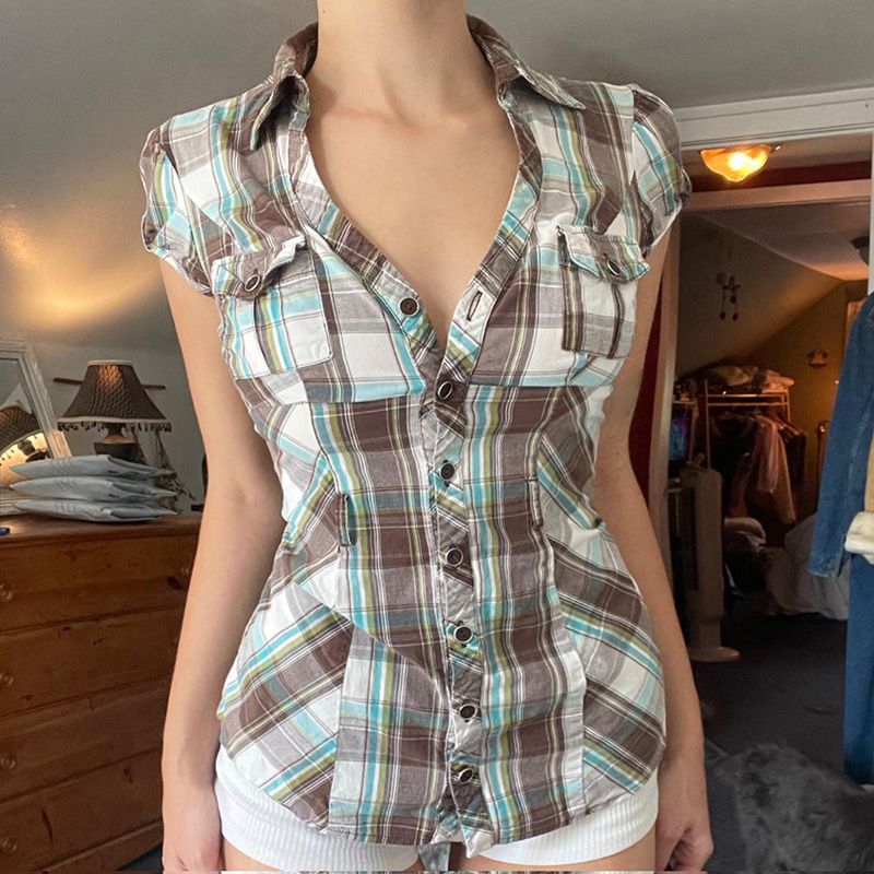 Vintage Industrial Plaid Button-Up Shirt for Women - Slim Fit Y2K Lapel Pocket Top for Summer