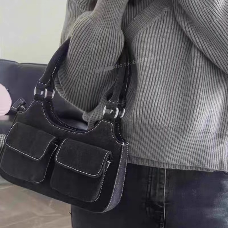 Vintage-Inspired Double-Pocket Denim Tote Bag | Retro Handheld, Shoulder & Underarm Commuter Style