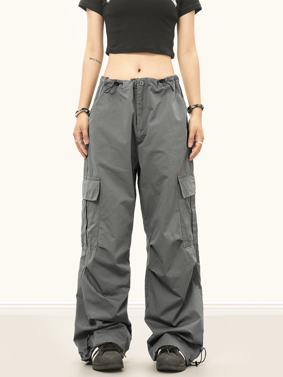 Vintage-Inspired Floor-Length Parachute Cargo Pants for Men and Women, Wrinkled Casual Straight Style, Y2K and Retro Fashion