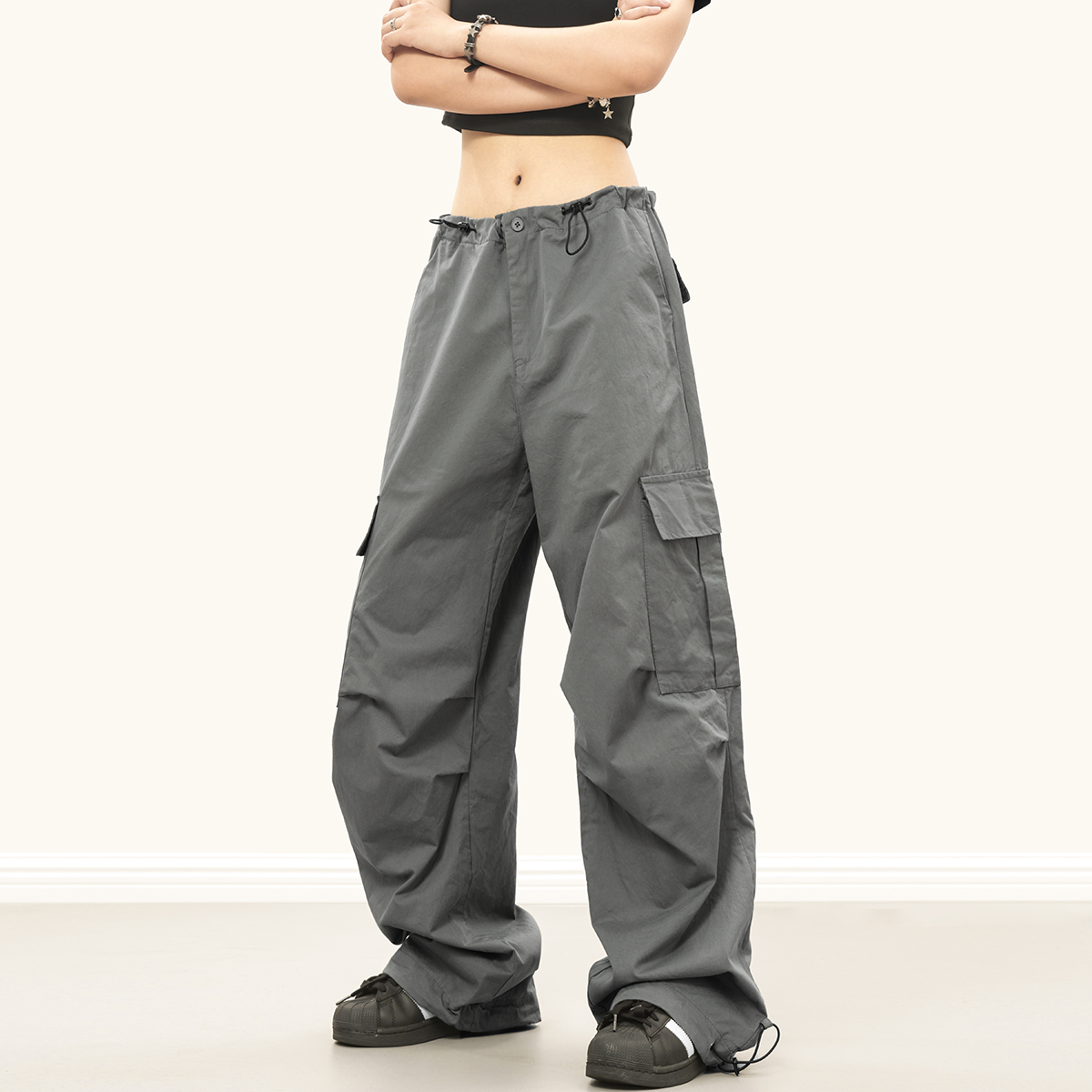 Vintage-Inspired Floor-Length Parachute Cargo Pants for Men and Women, Wrinkled Casual Straight Style, Y2K and Retro Fashion