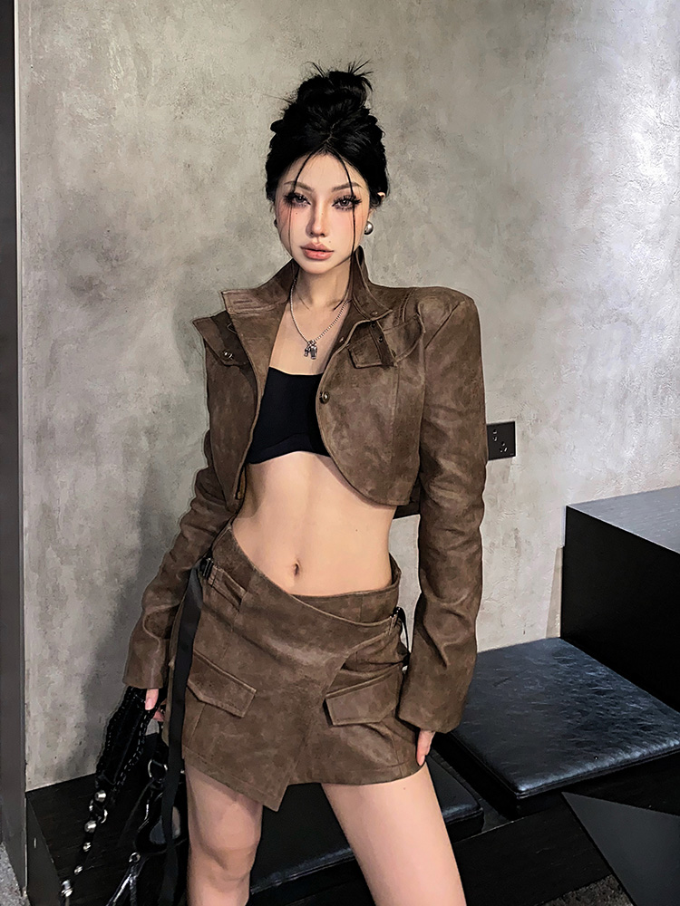 Vintage-Inspired Irregular Spicy Girl Leather Skirt Set with Long Sleeve Single-Breasted Cardigan - Trendy Women's Fashion