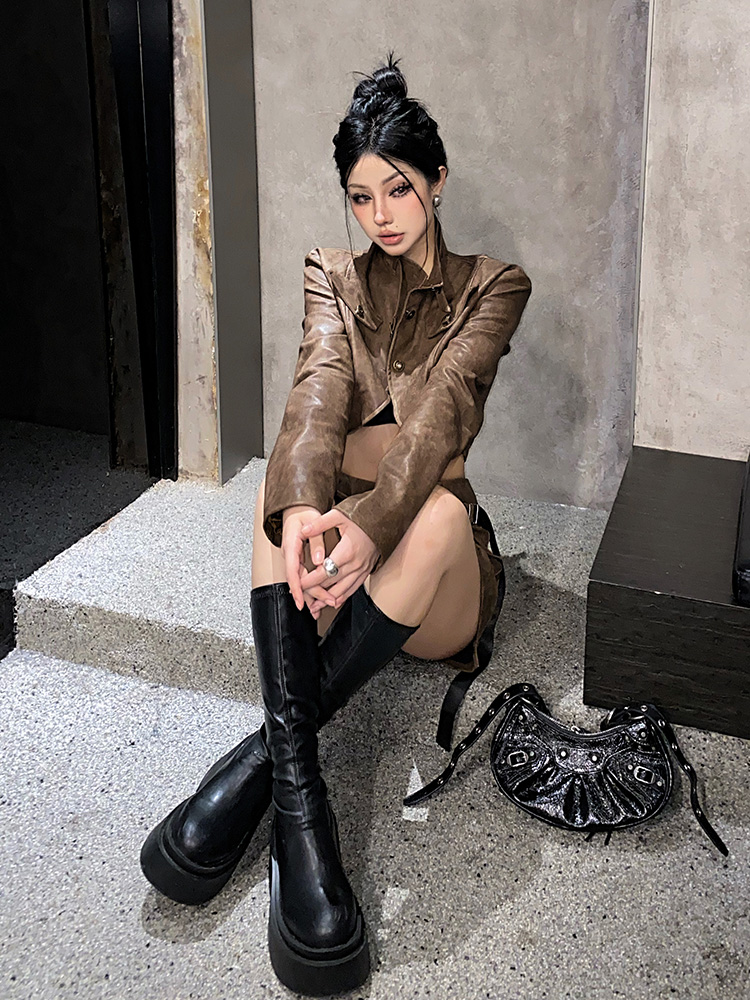 Vintage-Inspired Irregular Spicy Girl Leather Skirt Set with Long Sleeve Single-Breasted Cardigan - Trendy Women's Fashion Vintage-Inspired Irregular Spicy Girl Leather Skirt Set with Long Sleeve Single-Breasted Cardigan - Trendy Women's Fashion