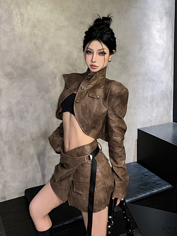 Vintage-Inspired Irregular Spicy Girl Leather Skirt Set with Long Sleeve Single-Breasted Cardigan - Trendy Women's Fashion Vintage-Inspired Irregular Spicy Girl Leather Skirt Set with Long Sleeve Single-Breasted Cardigan - Trendy Women's Fashion
