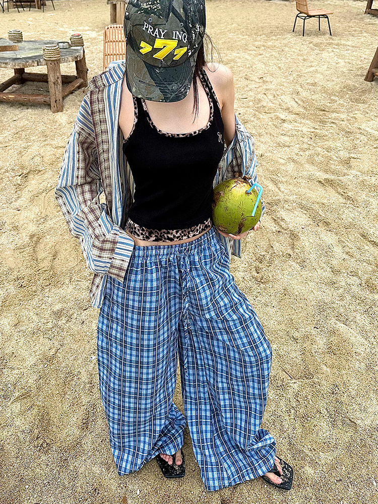 Vintage-Inspired Spicy Girl Casual Pants for Women - Retro Blue Plaid Loose Wide-Leg Straight Leg Trousers - Y2K Fashion Vintage-Inspired Spicy Girl Casual Pants for Women - Retro Blue Plaid Loose Wide-Leg Straight Leg Trousers - Y2K Fashion