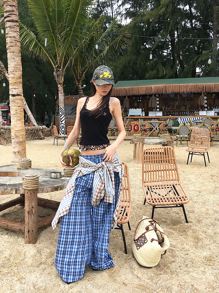 Vintage-Inspired Spicy Girl Casual Pants for Women - Retro Blue Plaid Loose Wide-Leg Straight Leg Trousers - Y2K Fashion