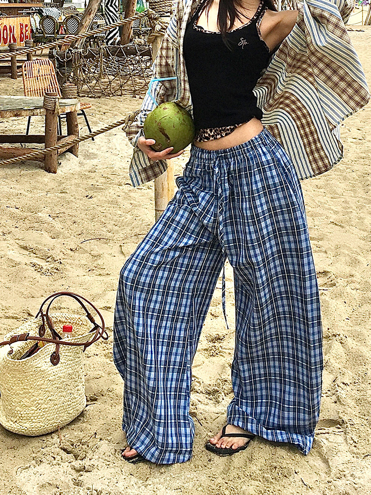 Vintage-Inspired Spicy Girl Casual Pants for Women - Retro Blue Plaid Loose Wide-Leg Straight Leg Trousers - Y2K Fashion