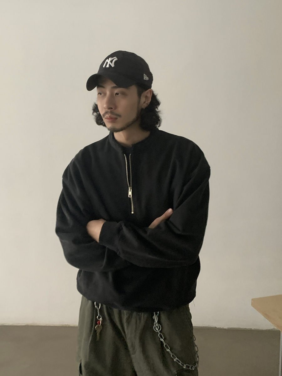 Vintage-Inspired Unisex Loose Boxy Half-Zip Sweatshirt, Casual Round Neck Pullover Jacket, 90s Trendy Style