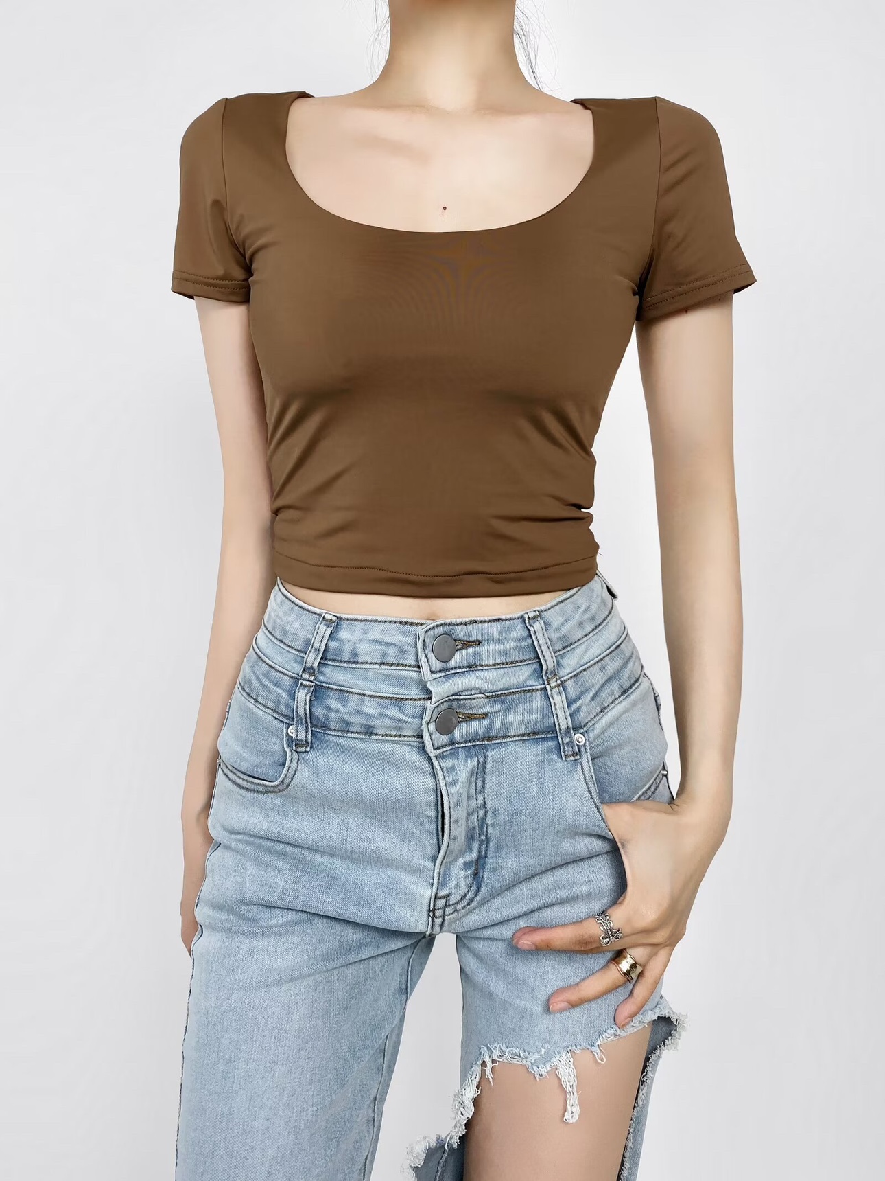 Vintage Jazz-Style French U-Neck Solid Color T-Shirt for Women, Slim Fit Short Sleeves Summer Top for Trendy Girls