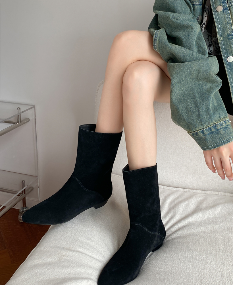 Vintage Khaki Genuine Leather Pointed Toe Western Cowboy Ankle Boots for Women - Stylish Slouchy Mid-Calf Design